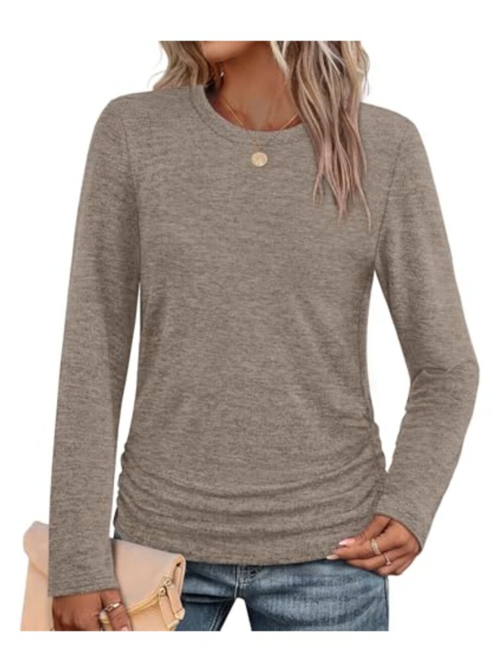 Long Sleeve Ruffle Side Tunic Top Loose Fit Crew Neck Blouse